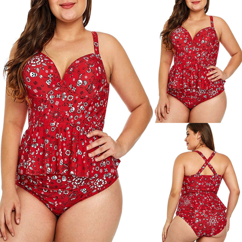 Fashion Ladies Plus Size Printing Split Swimsuit