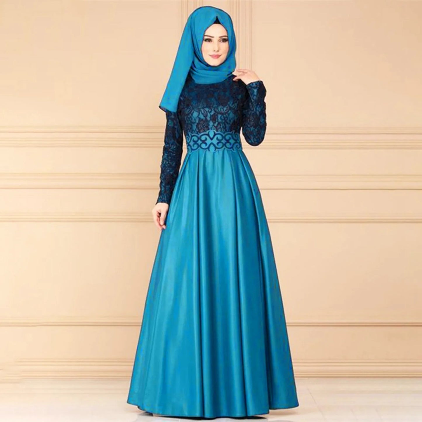 Women Lace Spliced Dress Long Sleeved Muslim Hijab Dress Kebaya Robe Islamic Muslim Long Sleeved Pakistani Vestidos Robes