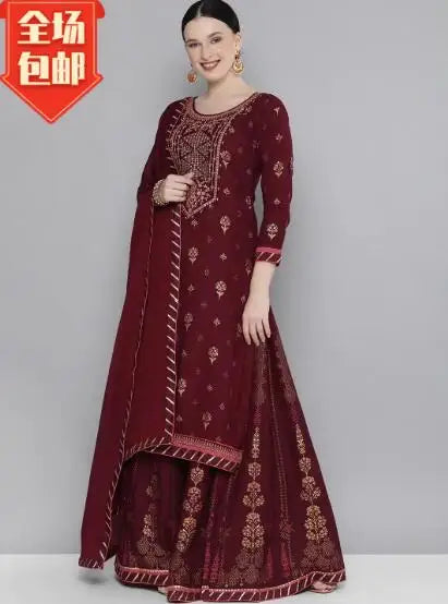 New Indian  Women's Maroon Ethnic Kuta Three Piece Set