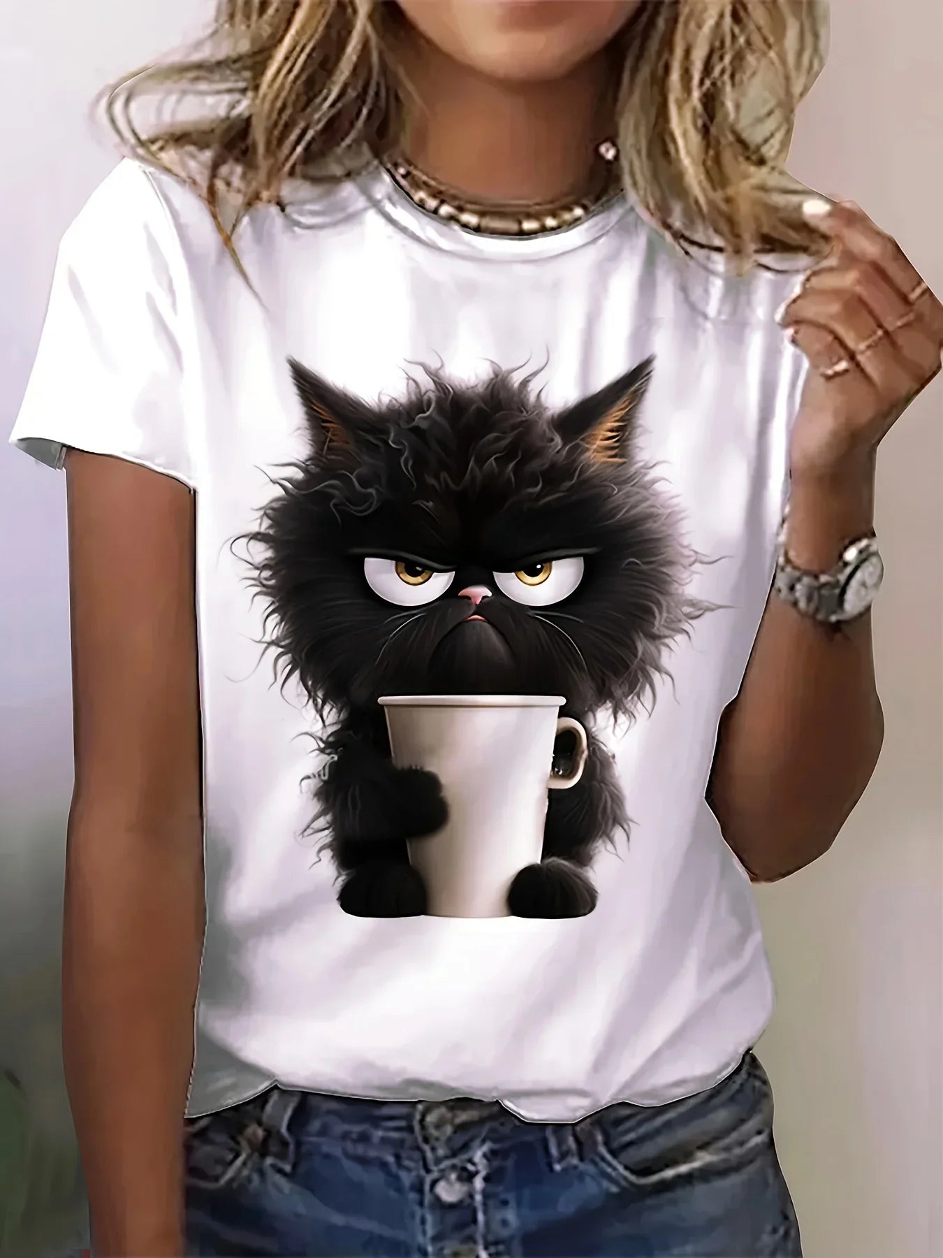 Cat Print T-shirt, Casual Short Sleeve Crew Neck Top For Spring & Summer, Women's Clothing