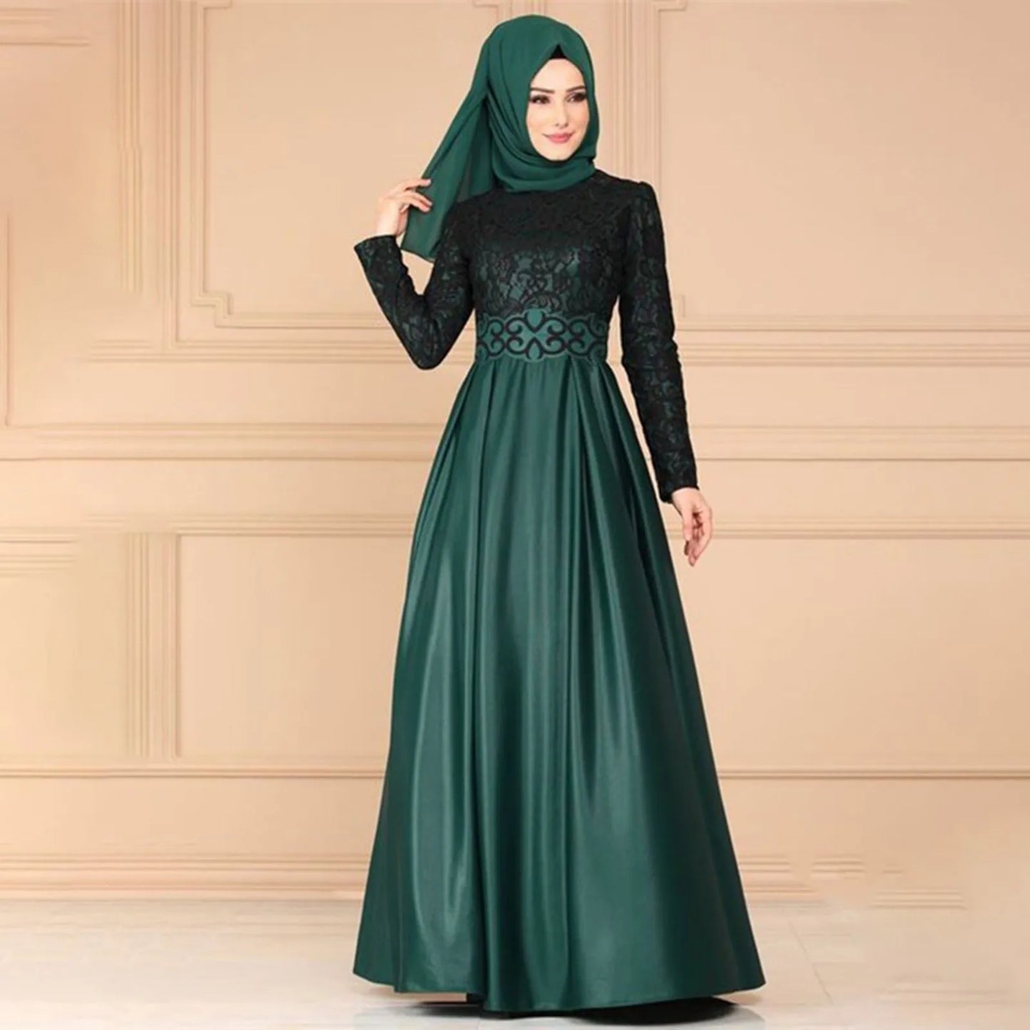 Women Lace Spliced Dress Long Sleeved Muslim Hijab Dress Kebaya Robe Islamic Muslim Long Sleeved Pakistani Vestidos Robes